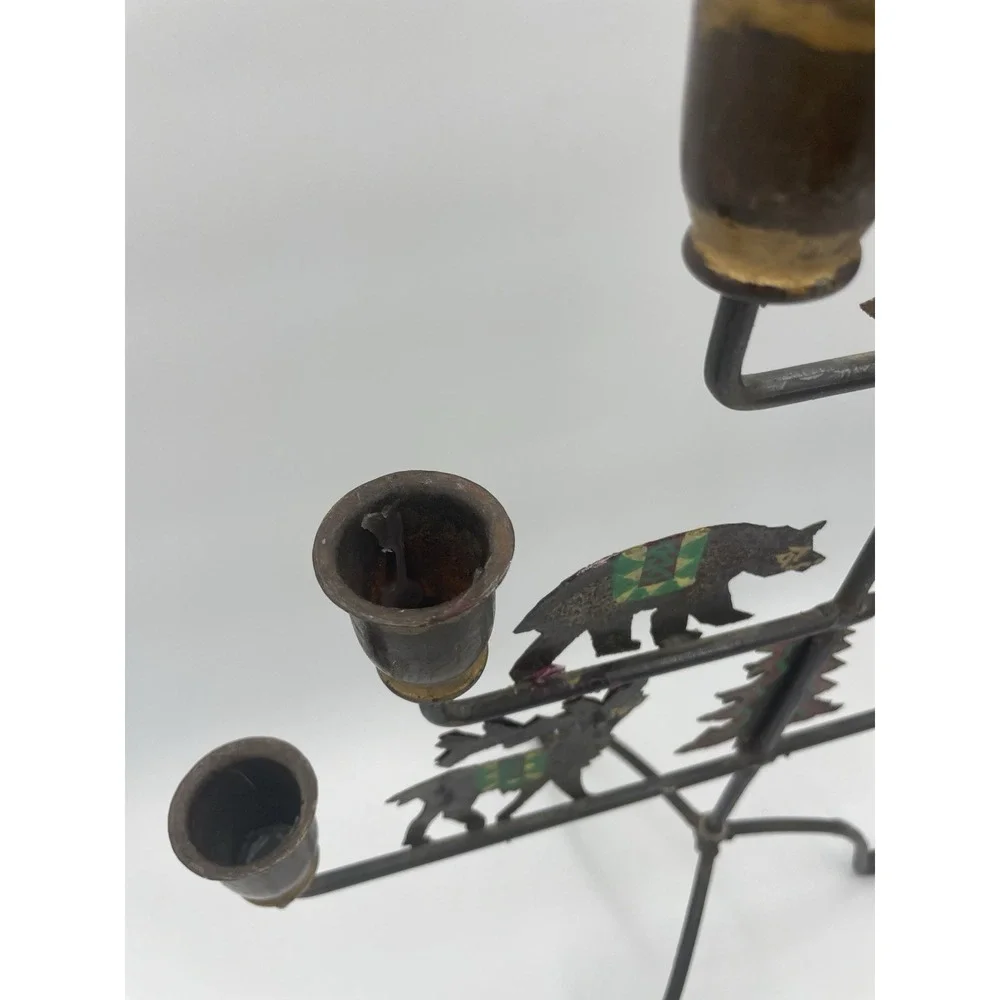 Vtg Handpainted Rustic Cabin Folk Art‎ 7 Taper Candelabra Wildlife Animals